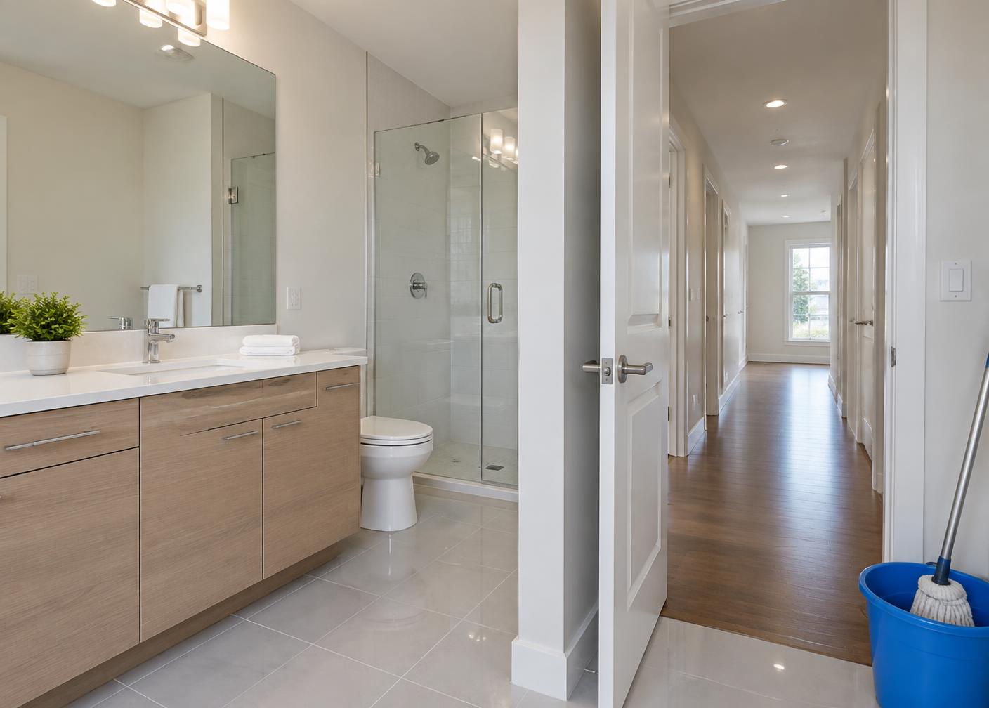 Spotless bathroom and hallway after a move-out cleaning in Towson, Maryland
